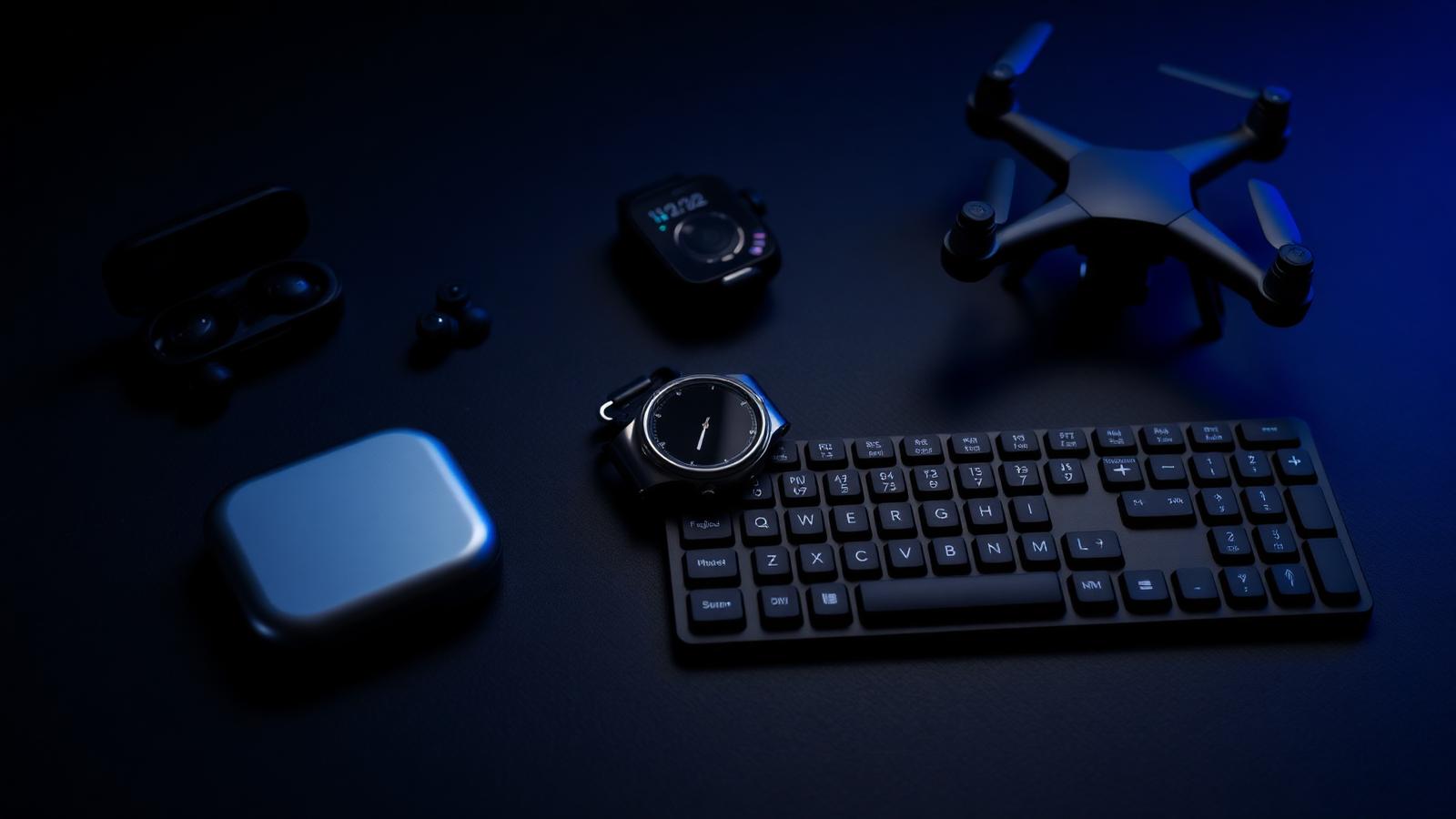 Premium tech gadgets arranged on a dark surface
